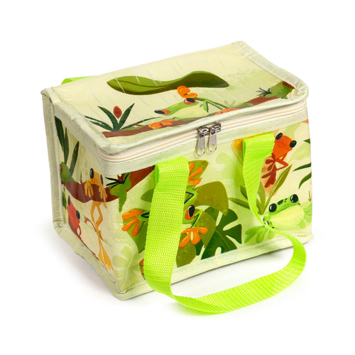 Angled view of a rectangular RPET cool bag, light green, featuring a vibrant tropical pattern of red, orange, and green frogs amongst lush foliage, with bright lime green carry handles and a top zip closure.
