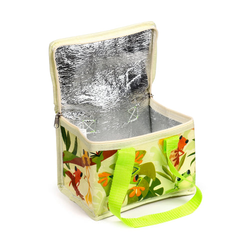 Angled view of an open tropical frogs cool bag, featuring a light green background with a multi-coloured frog and foliage pattern, a bright green carry handle, and a silver insulated interior.