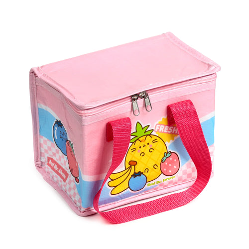 Angled view of a pink cool bag, showcasing a design with a cat-faced pineapple, strawberries, bananas, and blueberries. It features pink and white checkerboard and blue stripe accents, pink carry handles, and a top zip closure.