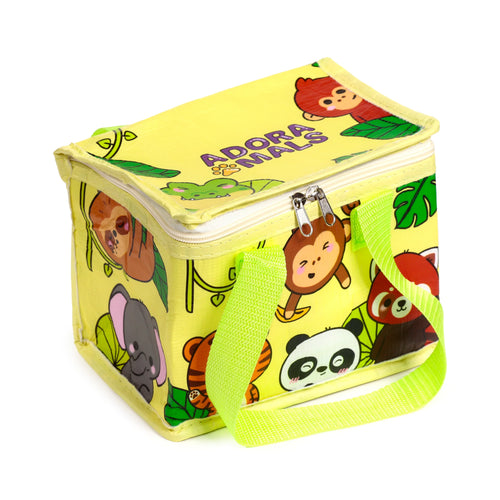 Angled view of a yellow cool bag with 'ADORA MALS' text, a colourful cartoon jungle animal print, a bright green carry handle, and a top zip closure.