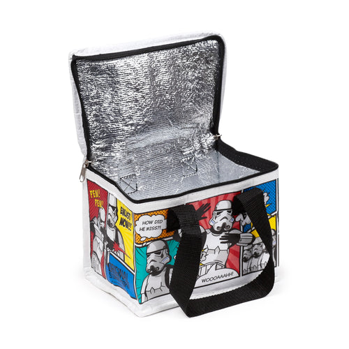 Angled view of a white cool bag, open to reveal its silver insulated interior. The bag features a vibrant comic strip design depicting Stormtroopers and speech bubbles, with black carry handles.
