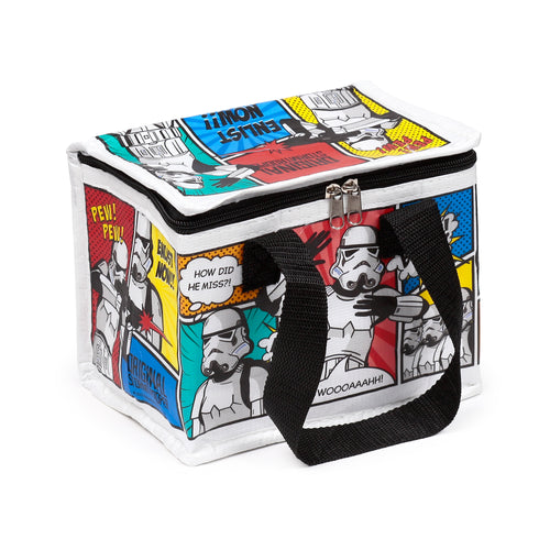 Angled view of a white cool bag with a vibrant Stormtrooper comic strip design, featuring multi-coloured panels, speech bubbles, and black handles, with a black zip closure visible on top.