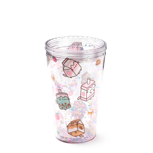 Angled view of a clear double-walled cup with pastel-coloured beads between its walls, decorated with illustrations of Pusheen as milk cartons, juice boxes, and bubble tea cups.