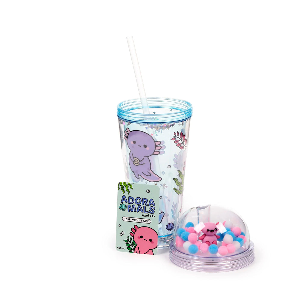 A clear double-walled cup with a purple axolotl design, blue rim, and clear straw, displayed alongside its detached domed lid containing pink, blue, and white pom-pom charms and a pink axolotl charm, with a green Adoramals info card, all on a white background.