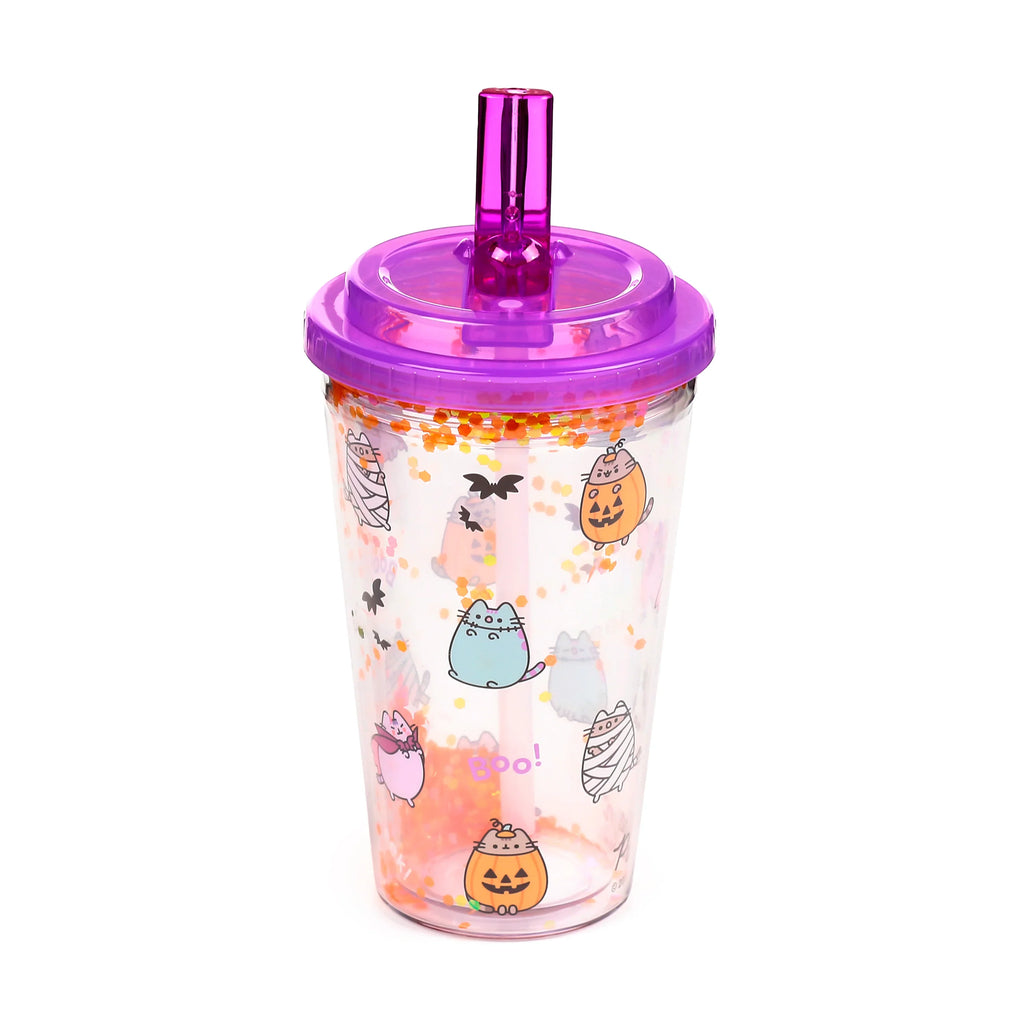 Double-walled cup with a purple lid and shiny purple straw, featuring Pusheen the Cat Halloween character designs and orange glitter.