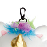 Close-up of the black carabiner clip on a white plush unicorn travel pillow, with its golden horn and colourful blue, purple, and green mane visible.