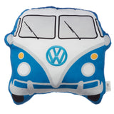 Front view of a blue and white plush cushion shaped like a Volkswagen T1 Camper Bus, showing the windscreen, wipers, headlights, and an embroidered logo.