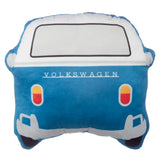 Rear view of a blue and white plush shaped cushion depicting a camper bus, with 'VOLKSWAGEN' text, a rear window, and red and yellow lights.