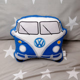 Front view of a blue and white plush Volkswagen VW T1 Camper Bus shaped cushion, depicting its windscreen, wipers, headlights, and iconic VW logo.