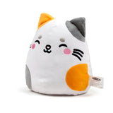 Front-angled view of a white Lola the Cat plush toy with orange and grey patches, featuring embroidered sleeping eyes, pink cheeks, and whiskers.