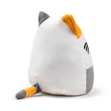 Squidglys Lola the Cat Adoramals Pets plush toy, angled rear view, displaying its white body, grey and orange ears, and a striped grey and orange tail.