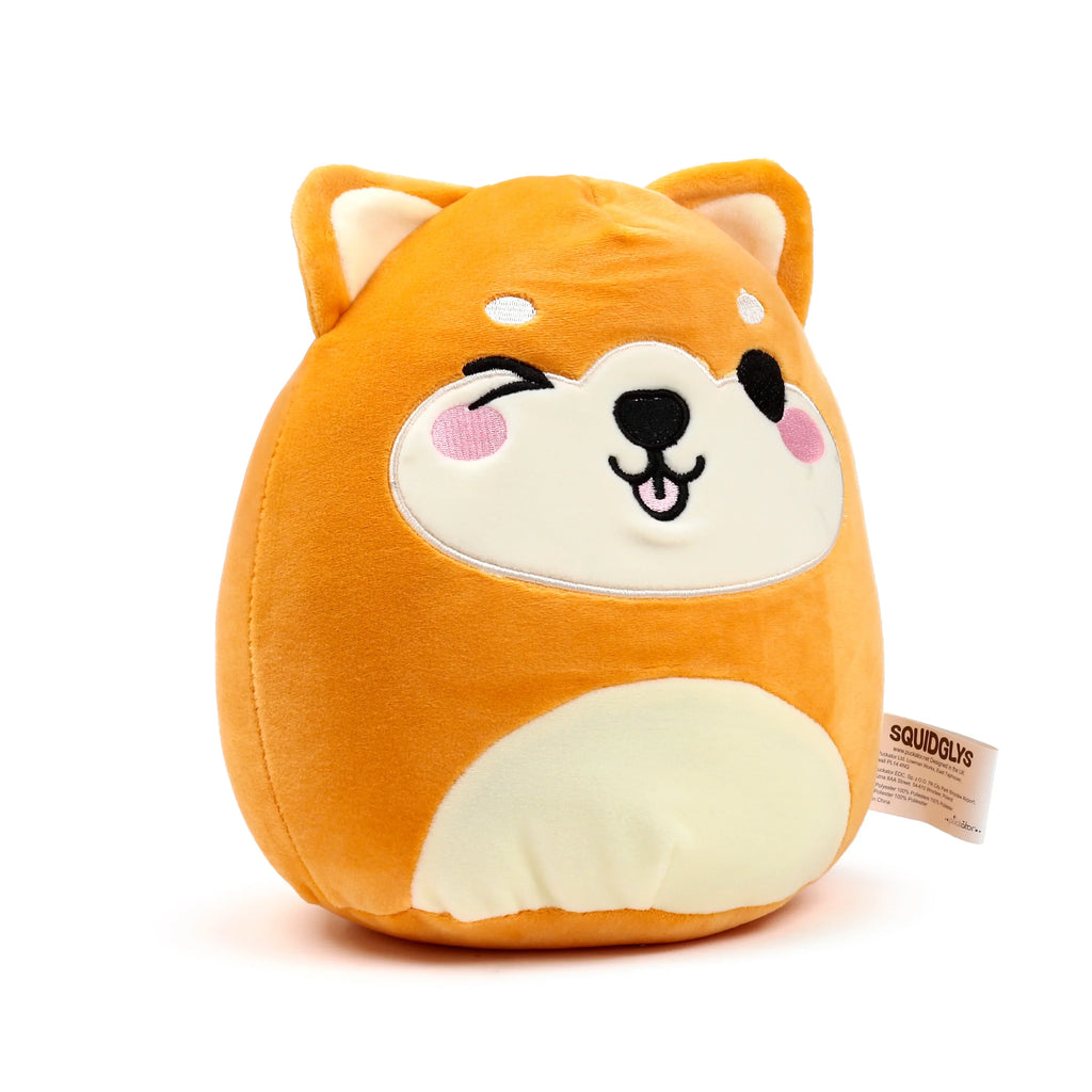Orange and cream Shiba Inu dog plush toy with a winking expression and tongue sticking out, front view.