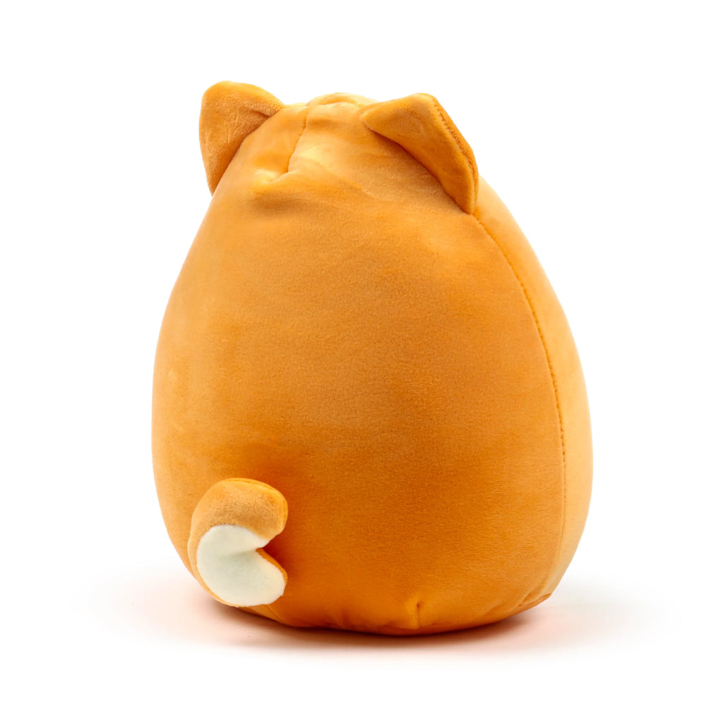 Back view of a soft, orange plush Shiba Inu dog toy, with small pointed ears and a white-tipped curled tail, on a white background.