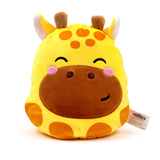 Front view of a yellow and orange Squidglys giraffe plush toy with brown ossicones, a brown snout, pink cheeks, and closed, smiling eyes.