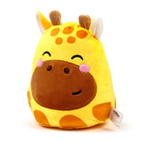 Front view of a yellow giraffe plush toy with brown spots, a brown snout, pink cheeks, embroidered closed eyes and a smile, small brown ossicones, and white and yellow ears, on a white background.