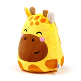 Front-angled view of a soft yellow giraffe plush toy with orange spots, embroidered sleepy eyes and mouth, brown snout, pink cheek blush, and small brown ossicones, on a white background.