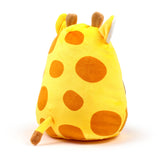 Back view of a soft yellow giraffe plush toy with brown spots, brown ossicones, and a tail, on a white background.