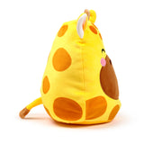 Angled view of a soft, yellow giraffe plush toy with orange spots, a brown muzzle, a pink cheek, and an embroidered eye.
