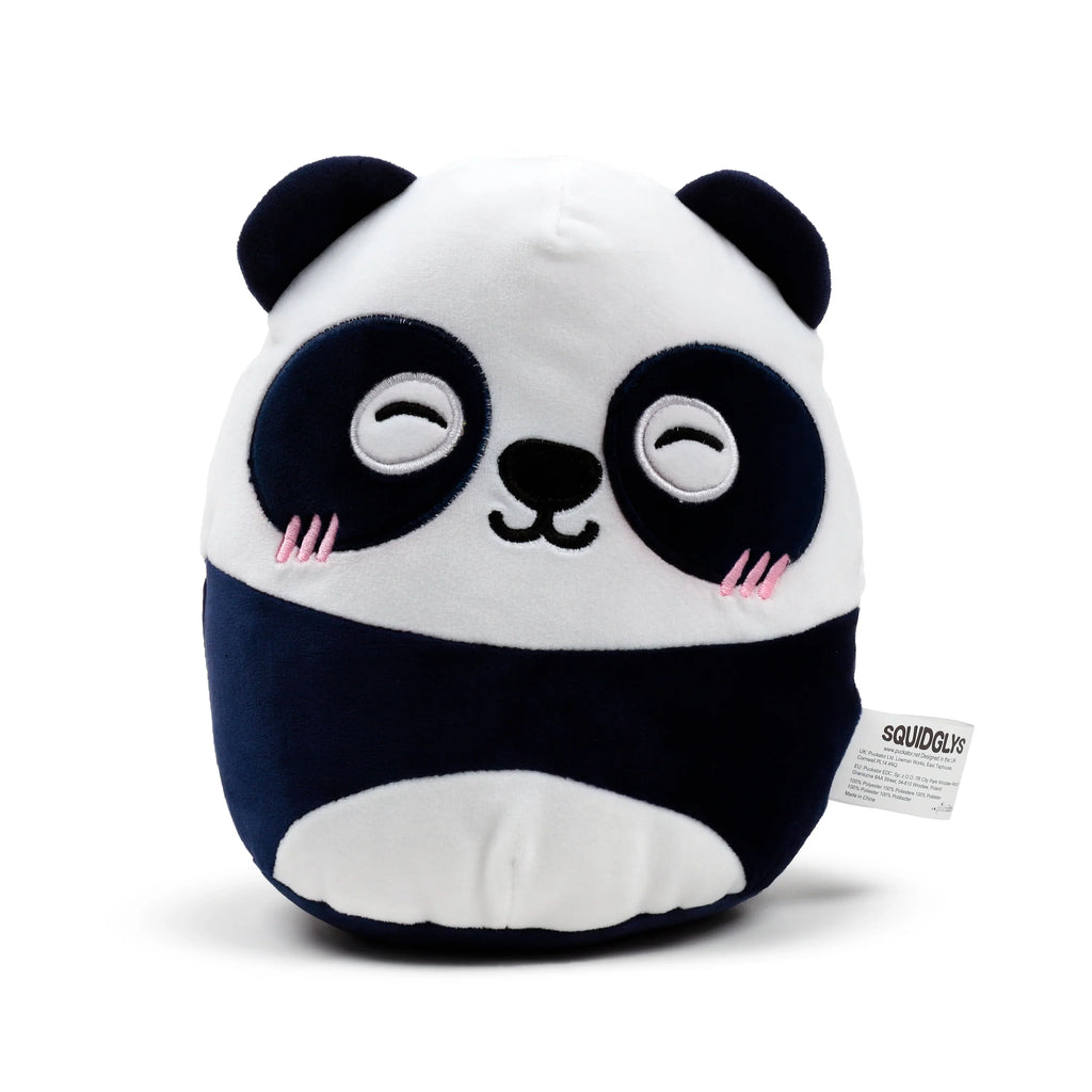 Front view of a dark navy and white panda soft toy, featuring closed eyes with white highlights, embroidered pink cheeks, and dark round ears.