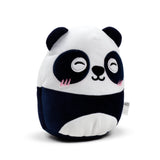 Angled view of a black and white Susu the panda plush toy, featuring embroidered sleepy eyes and pink cheek details.