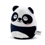 Angled view of a white and dark blue Susu the Panda plush toy with small ears, an embroidered sleepy face, pink cheek blushes, and a white product label.