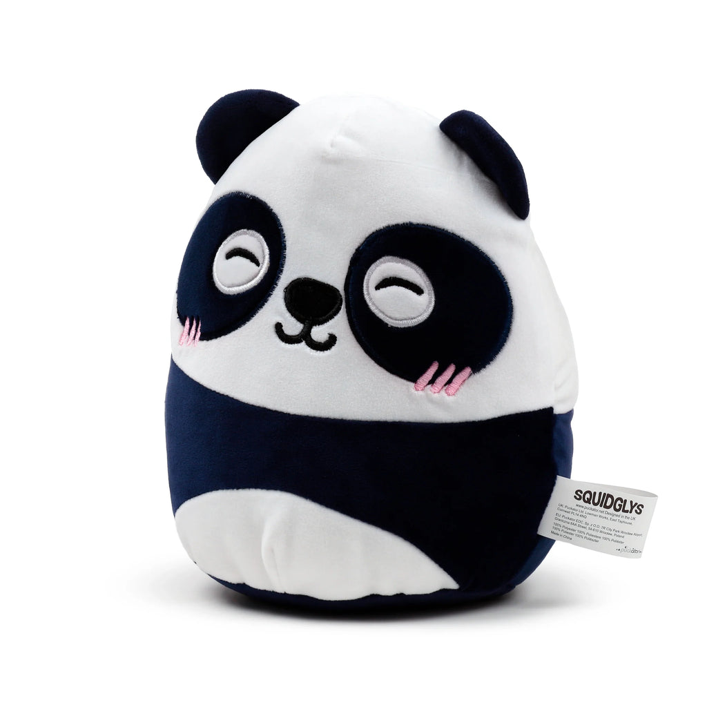 Angled view of a white and dark blue Susu the Panda plush toy with small ears, an embroidered sleepy face, pink cheek blushes, and a white product label.
