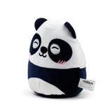 White and navy blue Squidglys Susu Panda Adoramals plush toy, displaying its embroidered smiling face with black nose and pink cheeks.