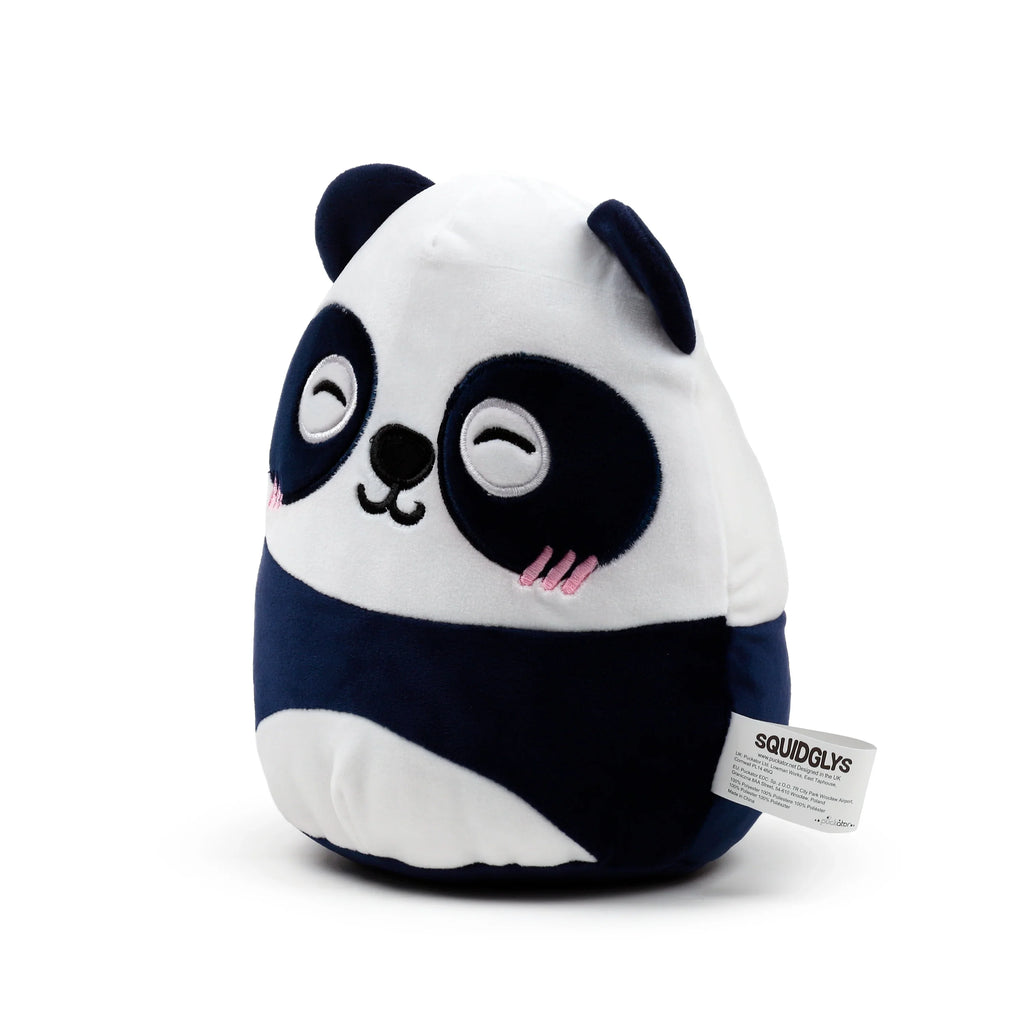 White and navy blue Squidglys Susu Panda Adoramals plush toy, displaying its embroidered smiling face with black nose and pink cheeks.