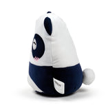 Side profile view of a rounded white and dark blue panda plush toy, with one dark blue ear, an embroidered eye on a dark blue patch, pink cheek detail, and a fluffy white tail.