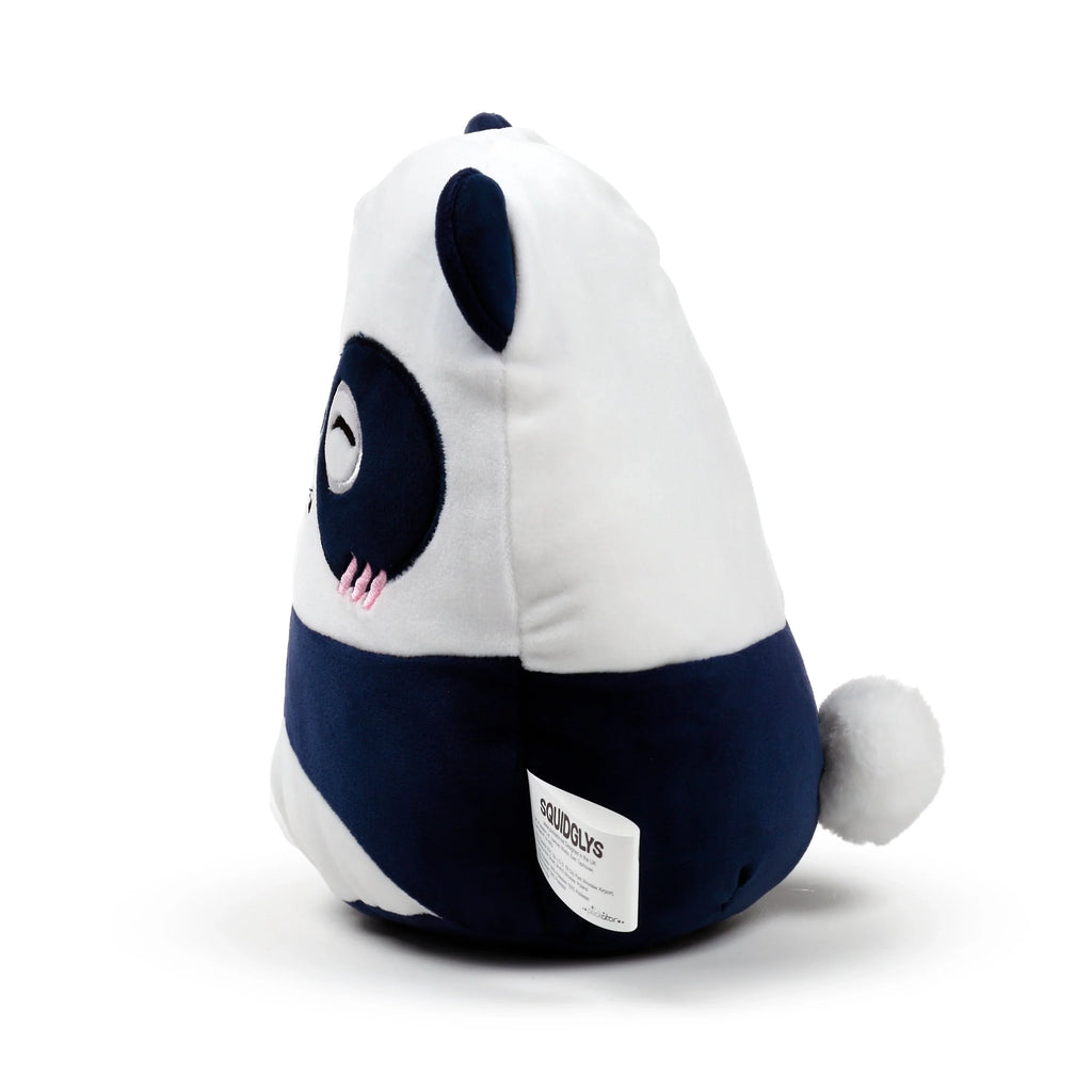 Side profile view of a rounded white and dark blue panda plush toy, with one dark blue ear, an embroidered eye on a dark blue patch, pink cheek detail, and a fluffy white tail.