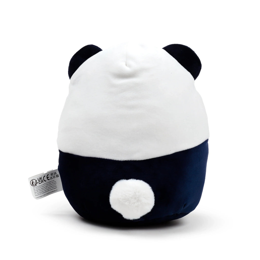 Rear view of a white and dark blue panda plush toy, with small dark blue ears and a fluffy white tail.
