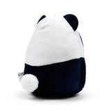 Back view of a black and white panda plush toy, showing its fluffy white tail, small black ears, and a product label.