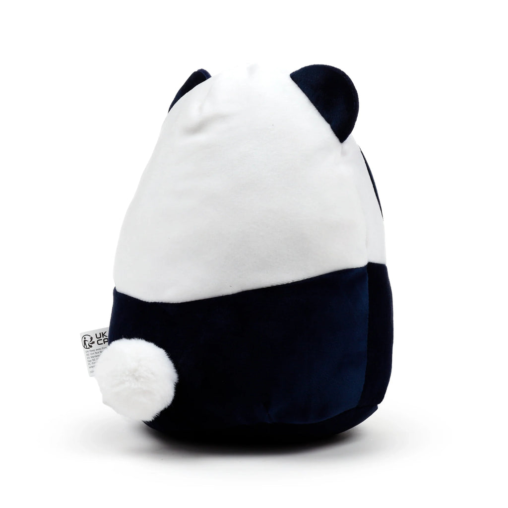 Back view of a black and white panda plush toy, showing its fluffy white tail, small black ears, and a product label.