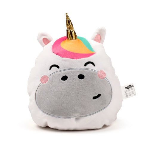 Front view of a white Squidglys unicorn plush toy, featuring an embroidered smiling face, pink blush cheeks, a golden horn, and a colourful pink, orange, and blue mane.