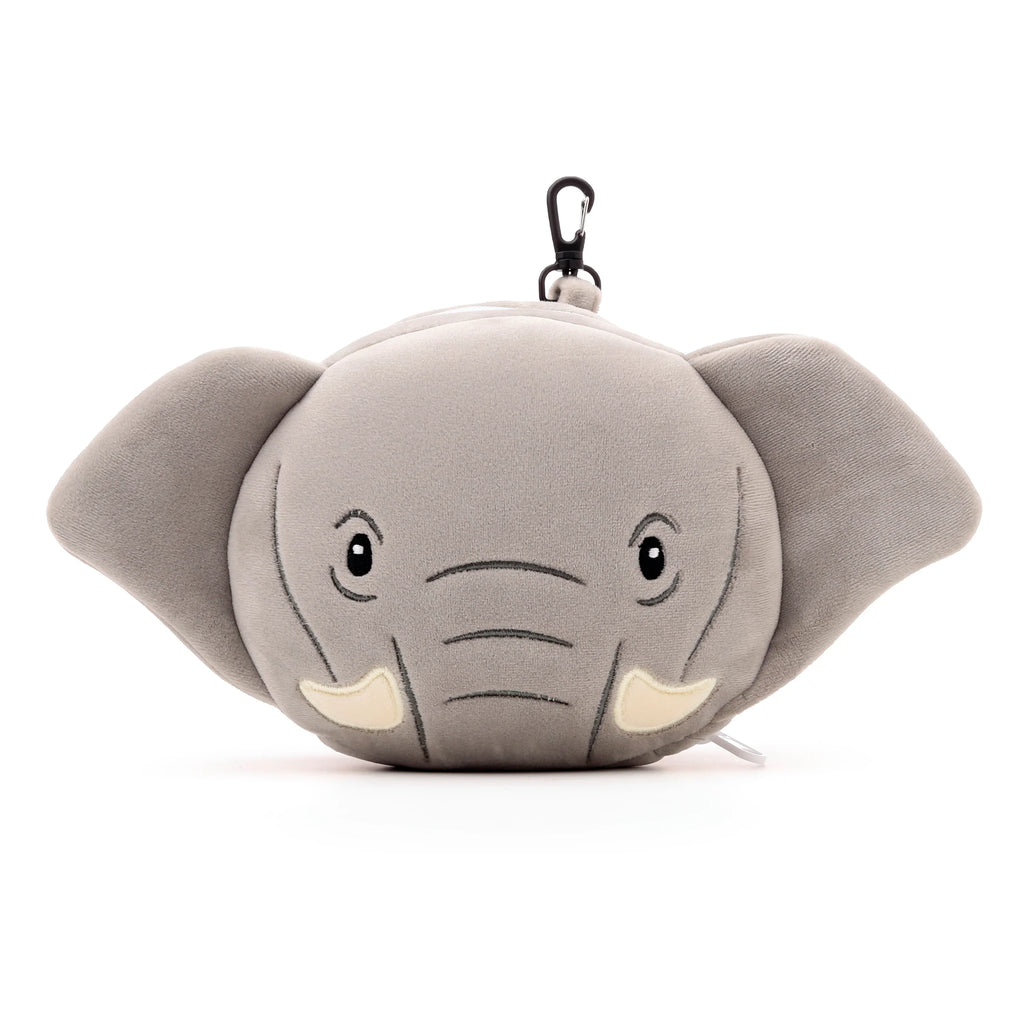 Front view of a plush grey elephant travel pillow and eye mask, featuring stitched eyes, large ears, beige facial details, and a black carabiner clip.