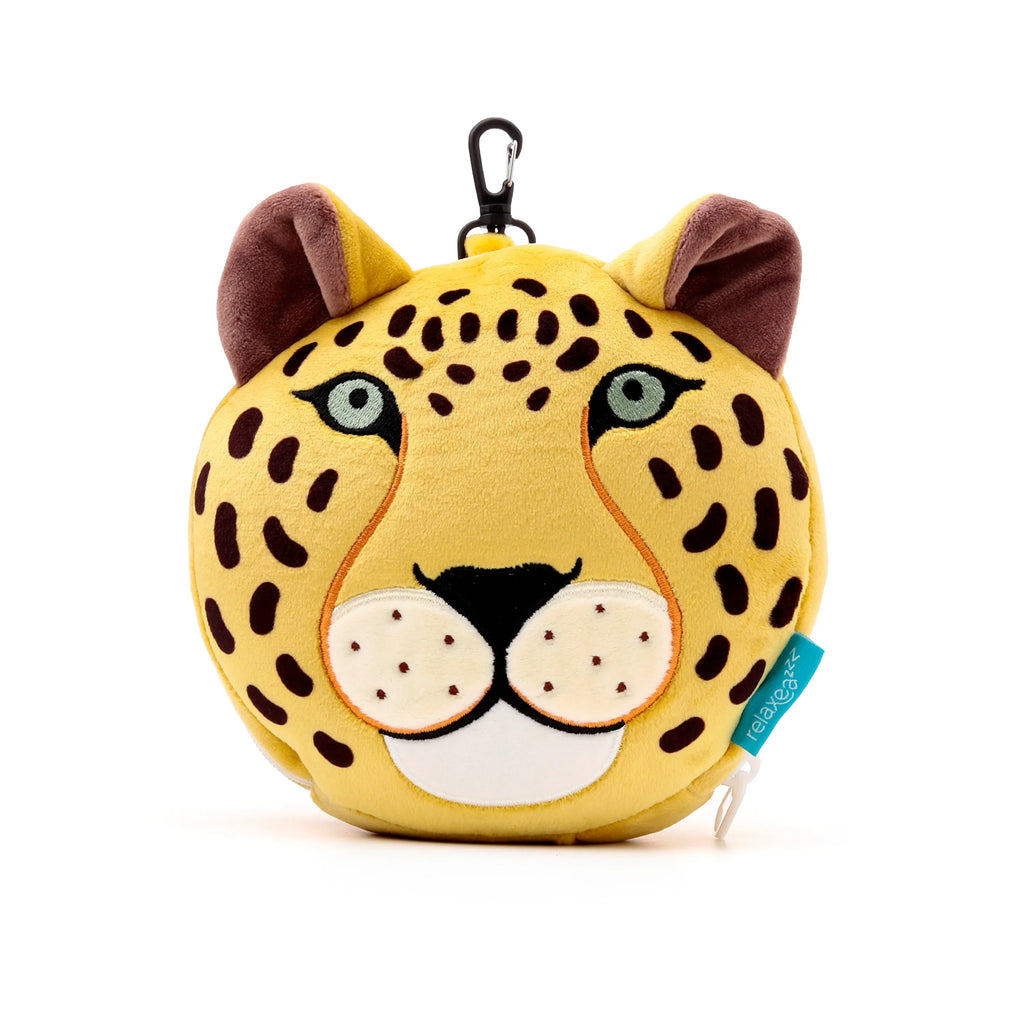 Front view of a yellow plush leopard head travel pillow, detailed with dark brown spots, green eyes, a black nose, and brown ears, featuring a black carabiner clip.