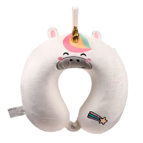 Front view of a white plush memory foam travel pillow in a unicorn design. It features a golden horn, a rainbow-coloured mane, embroidered facial details, and an embroidered shooting star.