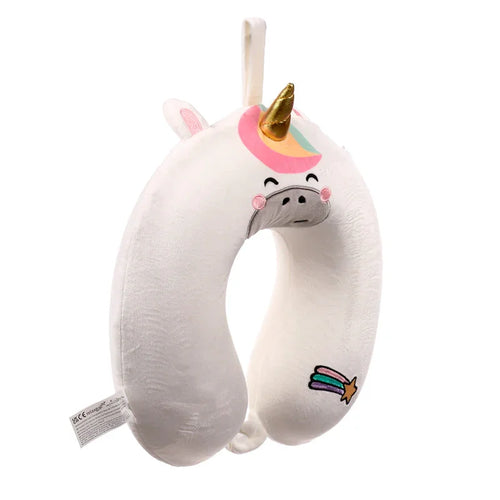 White plush memory foam travel pillow. The front of the pillow displays a unicorn's smiling face with a golden horn and colourful mane. An embroidered shooting star is visible on one arm.