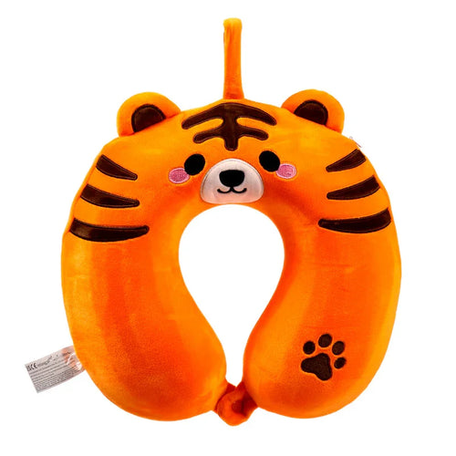 Front view of a plush orange tiger memory foam travel pillow, featuring embroidered facial details, black stripes, ears, a paw print, and a hanging loop.