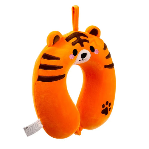 Front view of an orange memory foam travel pillow shaped like a tiger, featuring a cute face, dark brown stripes, ears, and a paw print.