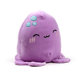 Front view of a lilac plush octopus toy with a happy embroidered face, closed eyes, blush lines, and three light blue embroidered circles on its head.