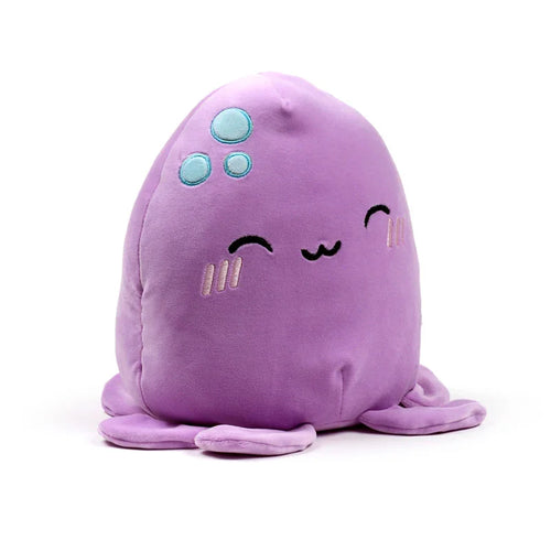 Front view of a lilac plush octopus toy with a happy embroidered face, closed eyes, blush lines, and three light blue embroidered circles on its head.