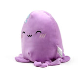 Angled view of a purple plush octopus toy with an embroidered smiling face, blush marks, blue bubble details, and soft tentacles.