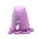 Angled view of a soft purple octopus plush toy, showing its numerous tentacles and a partially visible embroidered smiling face.