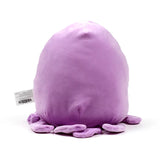 Angled view of a purple plush octopus toy, showing its rounded, soft body and multiple splayed tentacles at the base, with a white product tag visible on the left side.