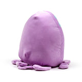Angled view of a soft, purple octopus plush toy, featuring a smooth body, multiple splayed tentacles visible at the base, and three light blue circular details on its side.