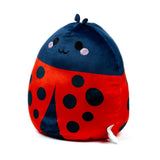Front view of a red and dark blue ladybug plush toy with black spots, embroidered eyes, mouth, and antennae.