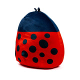 Angled view of a red and dark blue ladybird plush toy with black spots and small antennae.
