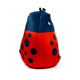 Front view of a red and dark blue ladybird plush toy with black spots, white eyes, and small antennae.
