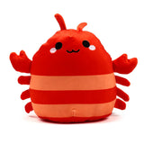 Front view of a soft, red and orange striped lobster plush toy with antennae and a smiling face.